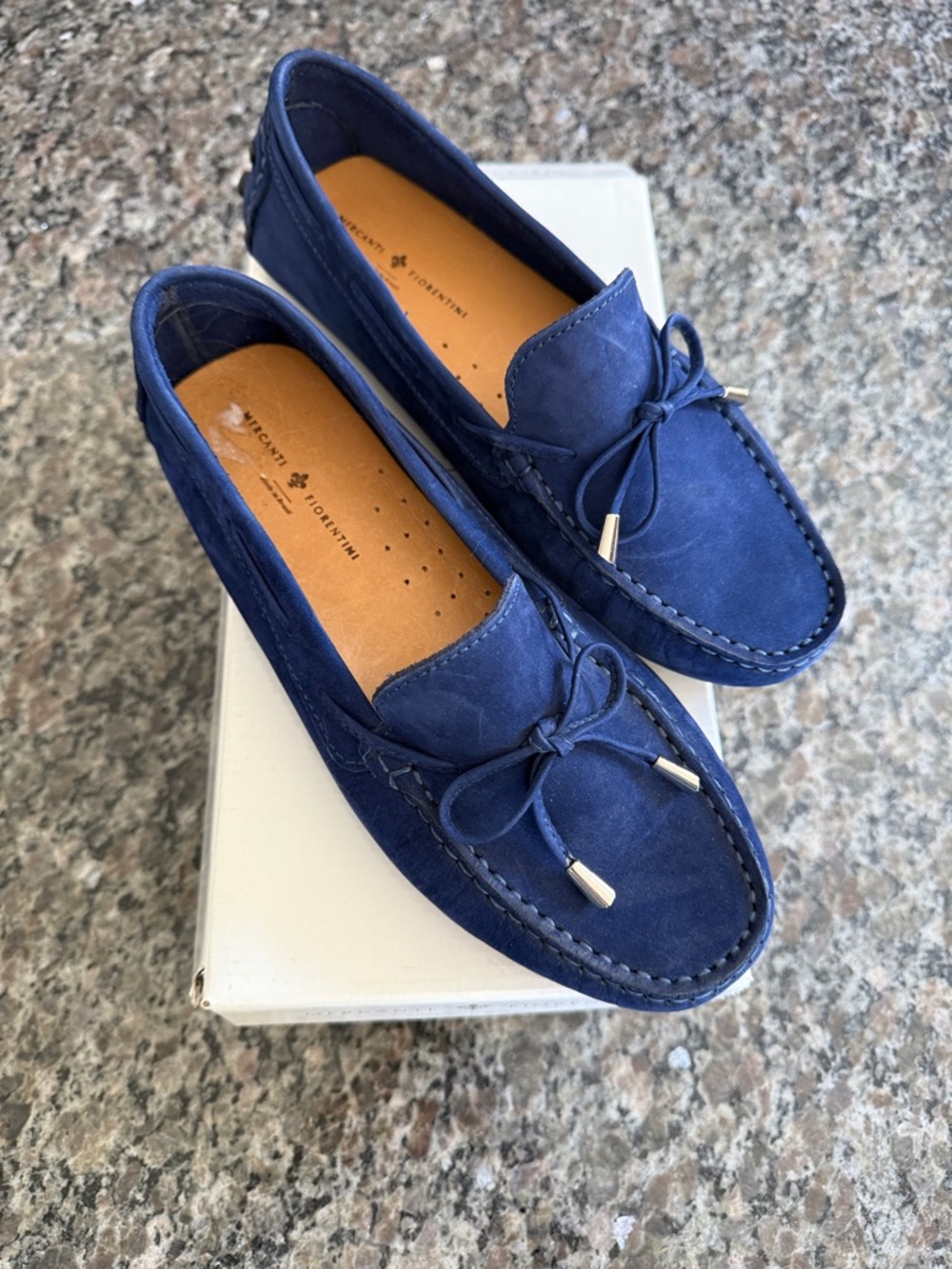 Mercanti Fiorentini Navy Suede Bow Tie Loafers